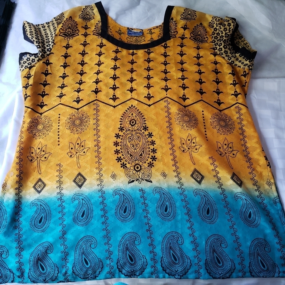 Maple Yellow & Teal Clothing Scoop Neck Short Sleeve Bohemian Top Size 2X - Picture 10 of 10